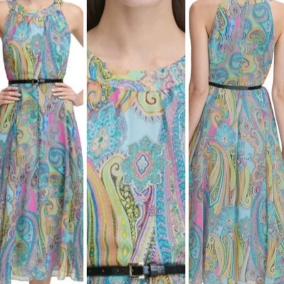 Tommy Hilfiger Blue Paisley Halter Long Dress Belted Size 10 Full Zip Back Lined - Picture 1 of 7